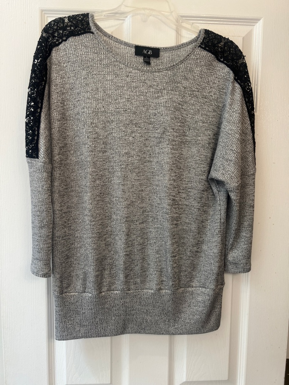 AGB Gray Knit Top with Black Lace Shoulders